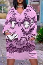 Purple Casual Daily Flowers Faux Denim Print Pocket Contrast V Neck Printed Plus Size Dresses