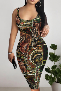 Black Brown Sexy Floral Print Graffiti Print Contrast U Neck Printed Dresses
