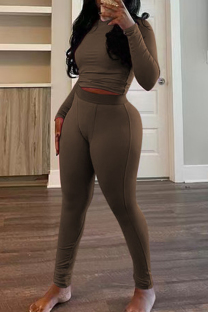 Coffee Casual Solid Color Basic O Neck Long Sleeve Two Pieces