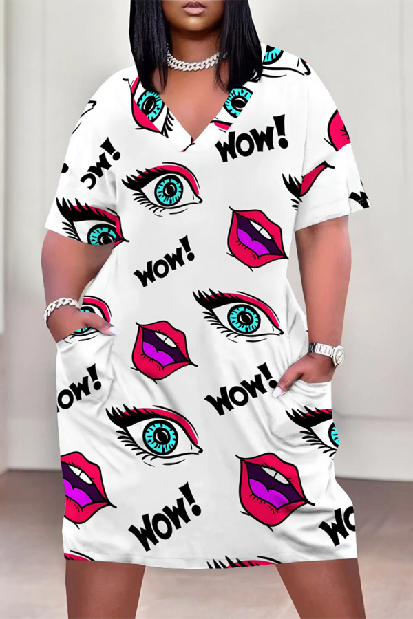 White Casual Vacation Flowers Stripe Landscape printing Eye Pocket Contrast V Neck Printed Plus Size Dresses