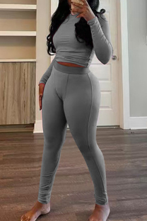 Light Gray Casual Solid Color Basic O Neck Long Sleeve Two Pieces