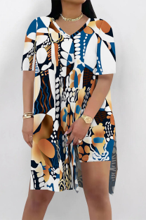White Brown Casual Vacation Floral Print Slit Contrast V Neck Short Sleeve Two Pieces