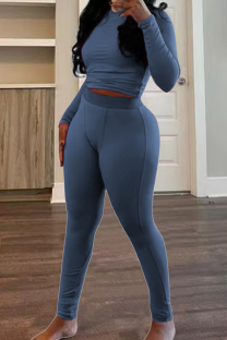 Sky Blue Casual Solid Color Basic O Neck Long Sleeve Two Pieces