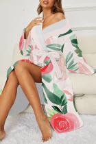 Pink Green Daily Animal Print Floral Print Lace Up Contrast Sleepwear
