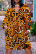 Yellow Brown Casual Street Animal Print Pocket Contrast V Neck Printed Plus Size Dresses
