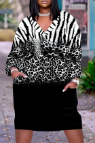 Black Casual Daily Flowers Faux Denim Print Pocket Contrast V Neck Printed Plus Size Dresses