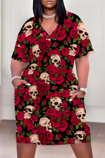 Black Red Casual Vacation Flowers Stripe Landscape printing Eye Pocket Contrast V Neck Printed Plus Size Dresses