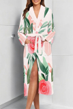 Powder White Daily Animal Print Floral Print Lace Up Contrast Sleepwear