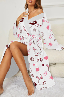 White Pink Sexy Graffiti Print Butterfly Gradient Lace Up Contrast Sleepwear