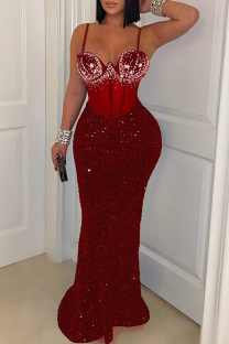 Red Sexy Party Formal Hot Drilling Sequins Patchwork Backless Spaghetti Strap Long Dresses