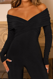 Black Casual Solid Color Patchwork Backless Off Shoulder Regular Jumpsuits