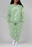 Light Green Casual Street Geometric Print Butterfly Letters Draw String Pocket Contrast O Neck Long Sleeve Two Pieces
