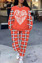 Tangerine Red Casual Street Geometric Print Butterfly Letters Draw String Pocket Contrast O Neck Long Sleeve Two Pieces