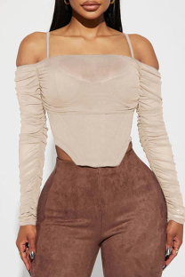 Skin Color Casual Solid Color Patchwork Backless Spaghetti Strap Tops