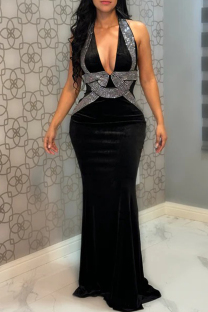 Black Sexy Party Formal Solid Color Patchwork Backless Hot Drill Halter Long Dresses