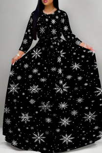 Black Casual Print Patchwork Strap Design O Neck Long Dresses