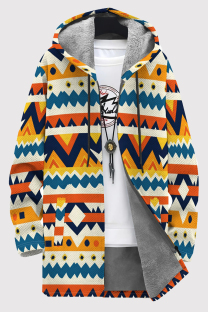 Orange Blue Casual Print Patchwork Zipper Fluffy Hooded Outerwear