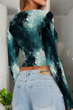 Purple Cyan Casual Print Patchwork O Neck Tops