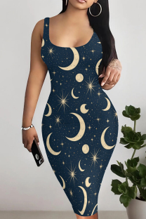 Blue Yellow Casual Print Patchwork U Neck Wrapped Skirt Dresses