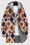 Blue Orange Casual Print Patchwork Zipper Fluffy Hooded Outerwear
