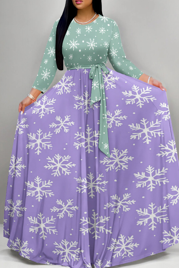 Green Purple Casual Print Patchwork Strap Design O Neck Long Dresses