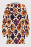 Blue Orange Casual Print Patchwork Zipper Fluffy Hooded Outerwear