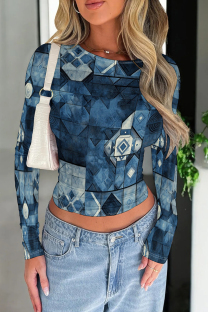 Gray Blue Casual Print Patchwork O Neck Tops