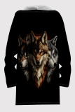 Black And White Casual Print Pocket Patchwork Zipper Fluffy Hooded Outerwear