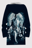 Black And White Casual Print Pocket Patchwork Zipper Fluffy Hooded Outerwear