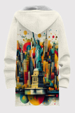 Black And White Casual Print Pocket Patchwork Zipper Fluffy Hooded Outerwear