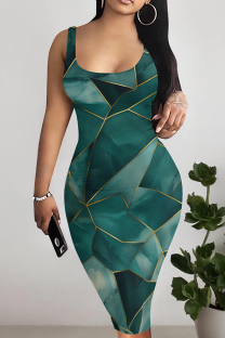 Ink Green Casual Print Patchwork U Neck Wrapped Skirt Dresses