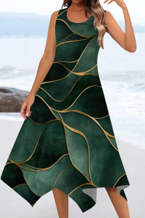 Ink Green Casual Print Patchwork U Neck Irregular Dresses