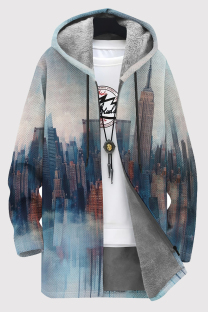 Blue White Casual Print Pocket Patchwork Zipper Fluffy Hooded Outerwear