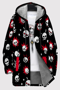 Black Red Casual Print Patchwork Zipper Fluffy Hooded Outerwear