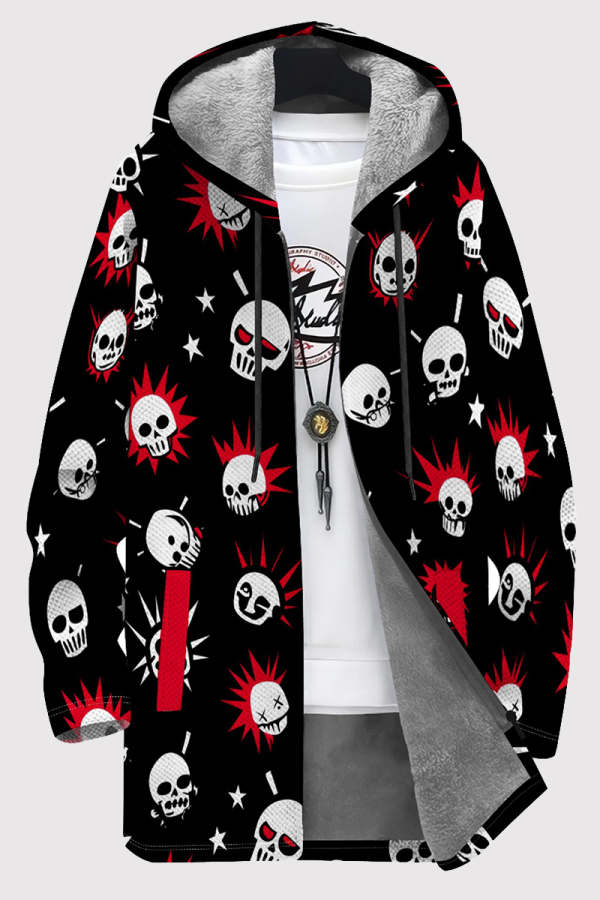 Black Red Casual Print Patchwork Zipper Fluffy Hooded Outerwear