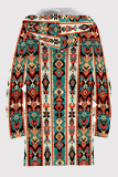 Blue Orange Casual Print Patchwork Zipper Fluffy Hooded Outerwear
