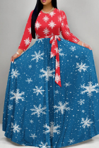 Red Blue Casual Print Patchwork Strap Design O Neck Long Dresses