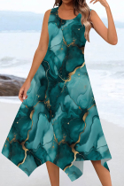 Cyan Casual Print Patchwork U Neck Irregular Dresses