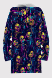 Blue Orange Casual Print Patchwork Zipper Fluffy Hooded Outerwear