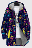 Blue Orange Casual Print Patchwork Zipper Fluffy Hooded Outerwear