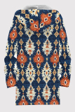 Blue Orange Casual Print Patchwork Zipper Fluffy Hooded Outerwear