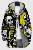 Blue Orange Casual Print Patchwork Zipper Fluffy Hooded Outerwear