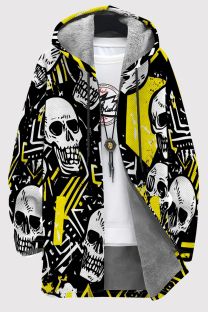 Yellow Black Casual Print Patchwork Zipper Fluffy Hooded Outerwear