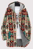 Blue Orange Casual Print Patchwork Zipper Fluffy Hooded Outerwear