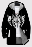 Black And White Casual Print Pocket Patchwork Zipper Fluffy Hooded Outerwear