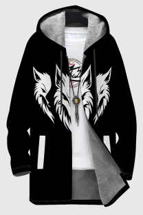 Black And White Casual Print Pocket Patchwork Zipper Fluffy Hooded Outerwear