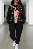 Black Casual Street Graffiti Print Flowers Draw String Pocket Contrast O Neck Long Sleeve Two Pieces