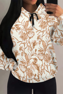 Caramel Colour Casual Street Floral Print Butterfly Draw String Pocket Contrast Hooded Tops