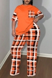 Orange Casual Plaid Print See-Through O Neck Plus Size Two Pieces