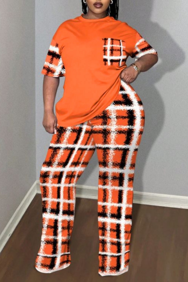 Orange Casual Plaid Print See-Through O Neck Plus Size Two Pieces